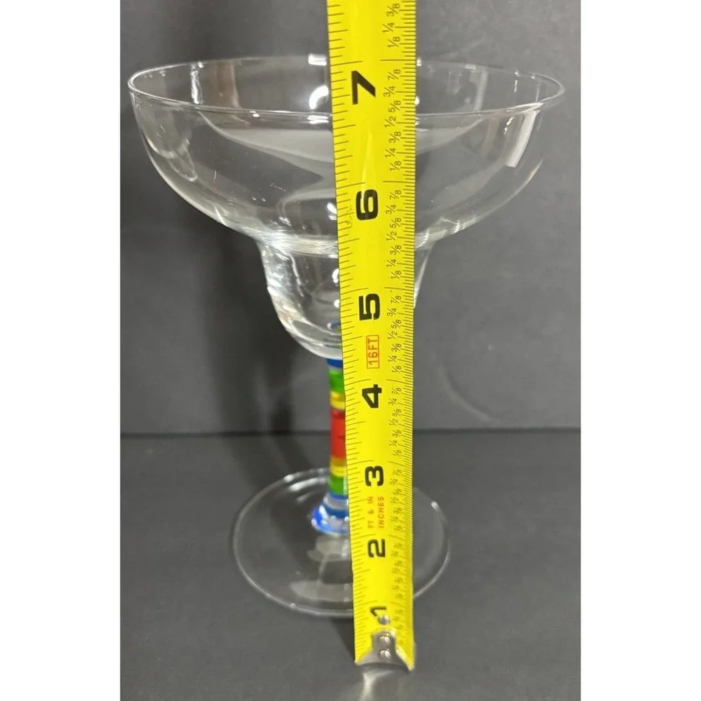 2 Margarita Glasses Multi-Colored Hand Painted Rainbow Stem Hand Blown